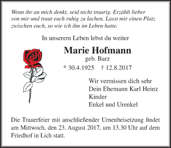 Traueranzeige von Mari Hofmann von Licher Wochenblatt, Licher Wochenblatt, Licher Wochenblatt