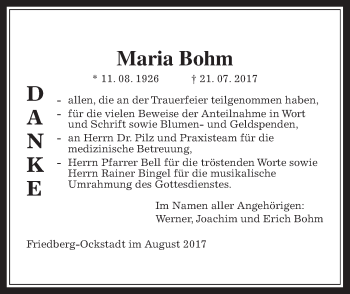 Traueranzeige von Maria Bohm von Wetterauer Zeitung, Wetterauer Zeitung