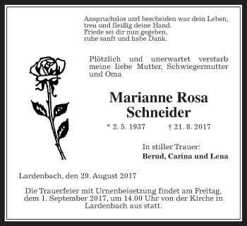 Traueranzeige von Marianne Rosa Schneider von Giessener Allgemeine, Alsfelder Allgemeine