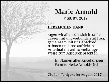 Traueranzeige von Marie Arnold von Giessener Allgemeine, Alsfelder Allgemeine