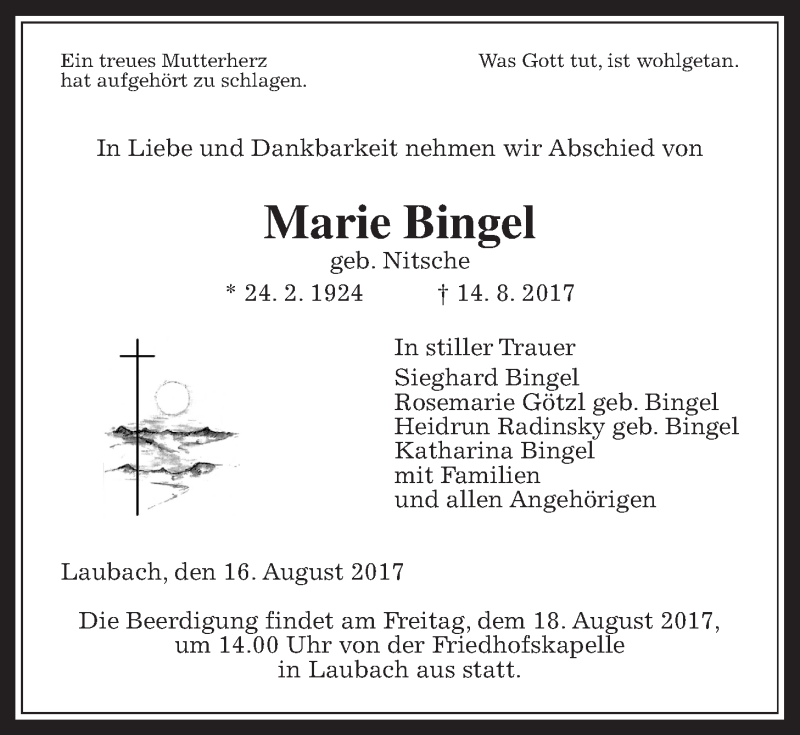  Traueranzeige für Marie Bingel vom 16.08.2017 aus Giessener Allgemeine, Alsfelder Allgemeine