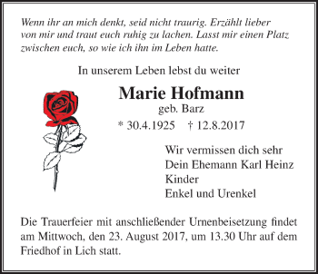 Traueranzeige von Marie Hofmann von Giessener Allgemeine, Alsfelder Allgemeine