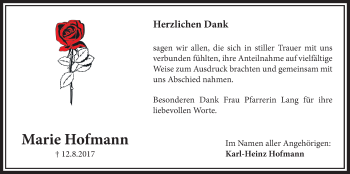 Traueranzeige von Marie Hofmann von Licher Wochenblatt, Licher Wochenblatt, Licher Wochenblatt