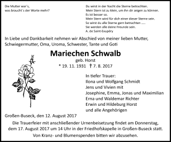 Traueranzeige von Mariechen Schwalb von Giessener Allgemeine, Alsfelder Allgemeine