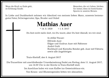 Traueranzeige von Mathias Auer von Giessener Allgemeine, Alsfelder Allgemeine
