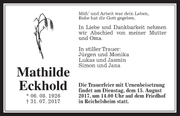 Traueranzeige von Mathilde Eckhold von Wetterauer Zeitung, Wetterauer Zeitung