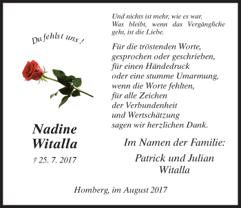 Traueranzeige von Nadine Witalla von Wetterauer Zeitung, Wetterauer Zeitung