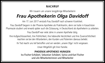 Traueranzeige von Olga Davidoff von Licher Wochenblatt, Licher Wochenblatt, Licher Wochenblatt