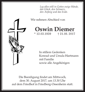 Traueranzeige von Oswin Diemer von Wetterauer Zeitung, Wetterauer Zeitung