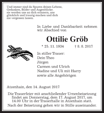 Traueranzeige von Ottilie Gröb von Giessener Allgemeine, Alsfelder Allgemeine