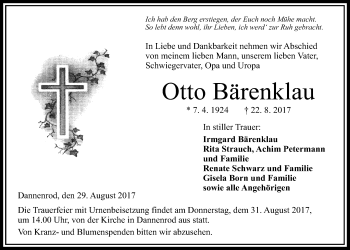 Traueranzeige von Otto Bärenklau von Alsfelder Allgemeine