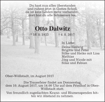 Traueranzeige von Otto Dalwitz von Wetterauer Zeitung, Wetterauer Zeitung