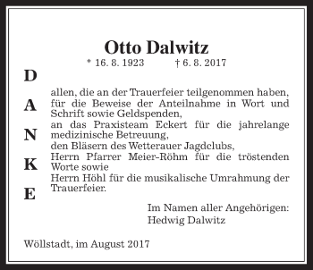 Traueranzeige von Otto Dalwitz von Wetterauer Zeitung, Wetterauer Zeitung