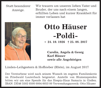 Traueranzeige von Otto Häuser von Giessener Allgemeine, Alsfelder Allgemeine