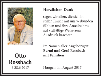Traueranzeige von Otto Rossbach von Licher Wochenblatt, Licher Wochenblatt, Licher Wochenblatt