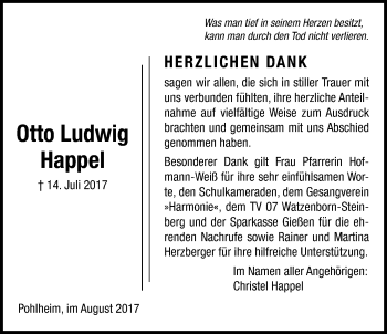 Traueranzeige von Otto Ludwig Happel von Giessener Allgemeine, Alsfelder Allgemeine