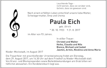 Traueranzeige von Paula Eich von Wetterauer Zeitung, Wetterauer Zeitung