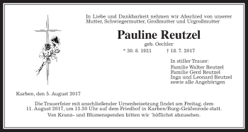 Traueranzeige von Pauline Reutzel von Wetterauer Zeitung, Wetterauer Zeitung