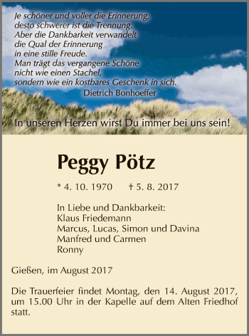 Traueranzeige von Peggy Pötz von Giessener Allgemeine, Alsfelder Allgemeine