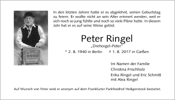 Traueranzeige von Peter Ringel von Wetterauer Zeitung, Wetterauer Zeitung