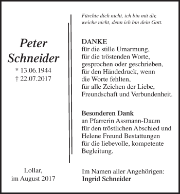 Traueranzeige von Peter Schneider von Giessener Allgemeine, Alsfelder Allgemeine
