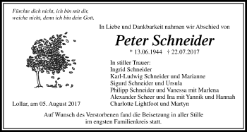Traueranzeige von Peter Schneider von Giessener Allgemeine, Alsfelder Allgemeine