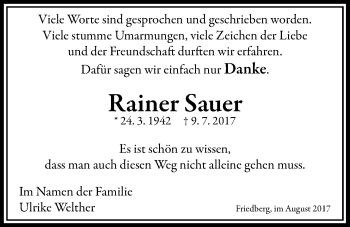 Traueranzeige von Raienr Sauer von Wetterauer Zeitung, Wetterauer Zeitung