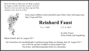 Traueranzeige von Reinhard Faust von Giessener Allgemeine, Alsfelder Allgemeine