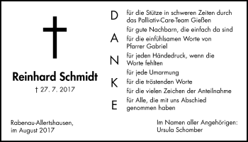 Traueranzeige von Reinhard Schmidt von Rabenauer Zeitung