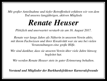Traueranzeige von Renate Heuser von Reiskirchener Anzeiger