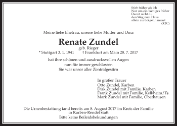 Traueranzeige von Renate Zundel von Wetterauer Zeitung, Wetterauer Zeitung