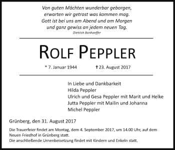 Traueranzeige von Rolf Peppler von Giessener Allgemeine, Alsfelder Allgemeine