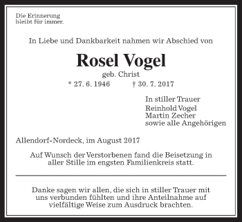Traueranzeige von Rosel Vogel von Giessener Allgemeine, Alsfelder Allgemeine
