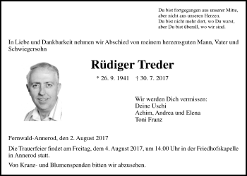 Traueranzeige von Rüdiger Treder von Giessener Allgemeine, Alsfelder Allgemeine