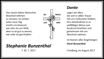 Traueranzeige von Stephanie Bunzenthal von Wetterauer Zeitung, Wetterauer Zeitung