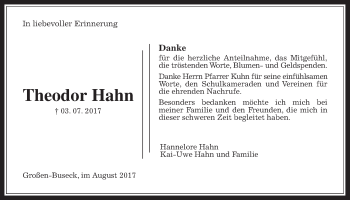 Traueranzeige von Theodor Hahn von Giessener Allgemeine, Alsfelder Allgemeine