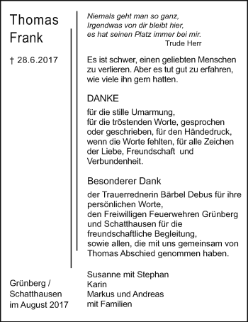 Traueranzeige von Thomas Frank von Giessener Allgemeine, Alsfelder Allgemeine