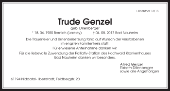 Traueranzeige von Trude Genzel von Wetterauer Zeitung, Wetterauer Zeitung
