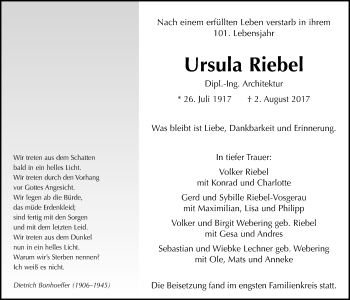 Traueranzeige von Ursula Riebel von Giessener Allgemeine, Alsfelder Allgemeine