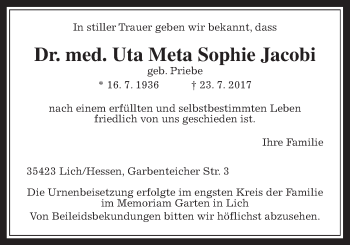 Traueranzeige von Uta Meta Sophie Jacobi von Giessener Allgemeine, Alsfelder Allgemeine