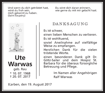 Traueranzeige von Ute Warwas von Wetterauer Zeitung, Wetterauer Zeitung