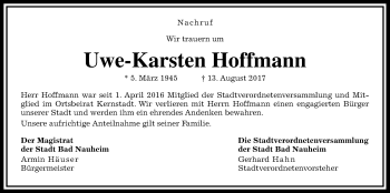 Traueranzeige von Uwe-Karsten Hoffmann von Wetterauer Zeitung, Wetterauer Zeitung