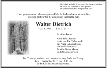 Traueranzeige von Walter Dietrich von Giessener Allgemeine, Alsfelder Allgemeine