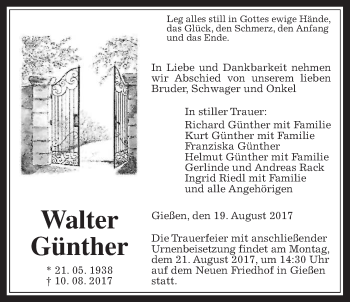 Traueranzeige von Walter Günther von Giessener Allgemeine, Alsfelder Allgemeine