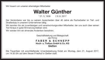 Traueranzeige von Walter Günther von Giessener Allgemeine, Alsfelder Allgemeine