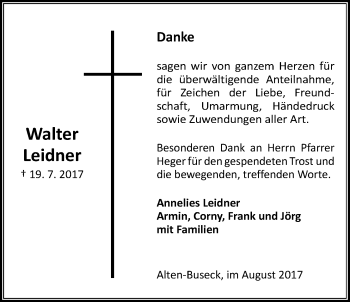 Traueranzeige von Walter Leidner von Giessener Allgemeine, Alsfelder Allgemeine