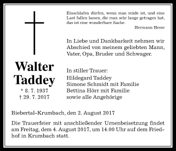Traueranzeige von Walter Taddey von Giessener Allgemeine, Alsfelder Allgemeine