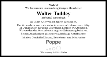Traueranzeige von Walter Taddey von Giessener Allgemeine, Alsfelder Allgemeine