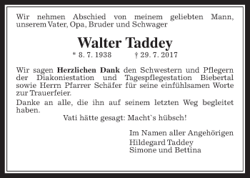 Traueranzeige von Walter Taddey von Giessener Allgemeine, Alsfelder Allgemeine