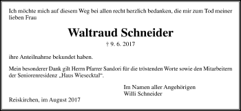 Traueranzeige von Waltraud Schneider von Giessener Allgemeine, Alsfelder Allgemeine